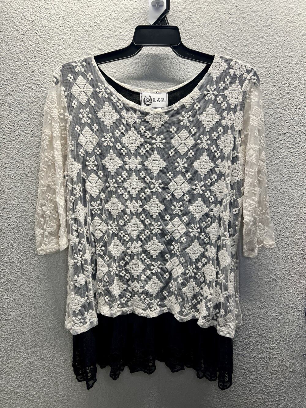 L&B XL White Embroidered Lace Mesh Tunic Top 3/4 Sleeve Layered Boho